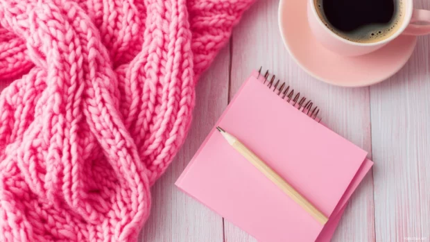 Girly aesthetic flat lay with pink stationery, coffee, and soft knitted fabric.