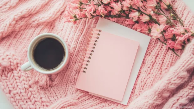 Girly aesthetic flat lay with pink stationery, coffee, and soft knitted fabric.