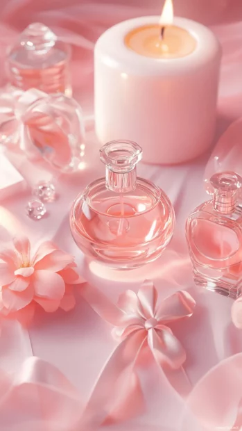 Girly aesthetic wallpapers combining perfume bottles, bows, and candles.