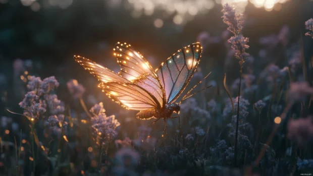 Girly butterfly wings sparkling in an enchanted meadow.
