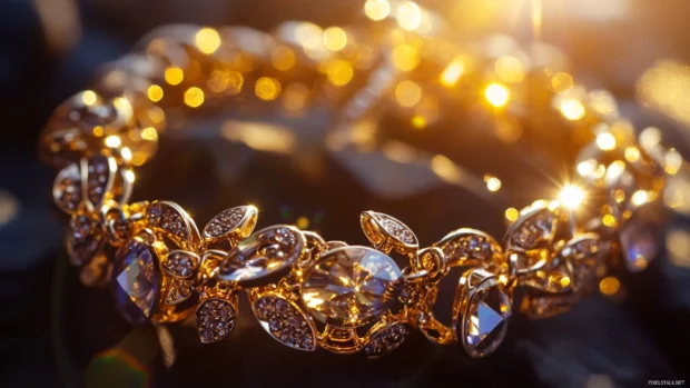 Girly charm bracelet sparkling under golden sunbeams.