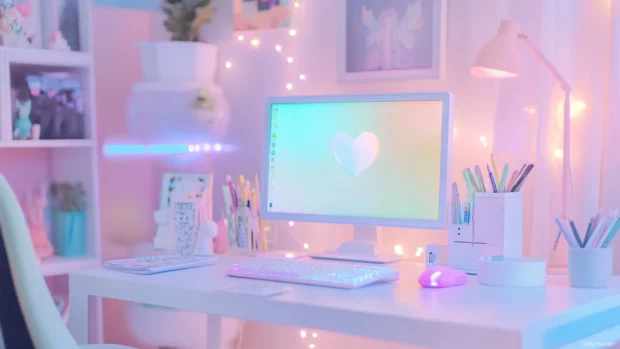 Girly desk setup with cute stationery and pastel mood lighting.