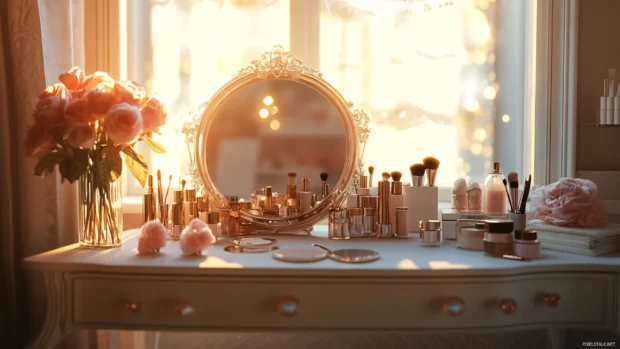 Girly makeup vanity bathed in soft golden morning light.