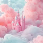 Girly pink castle floating among candy colored clouds.