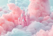 Girly pink castle floating among candy colored clouds.