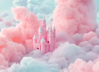 Girly pink castle floating among candy colored clouds.