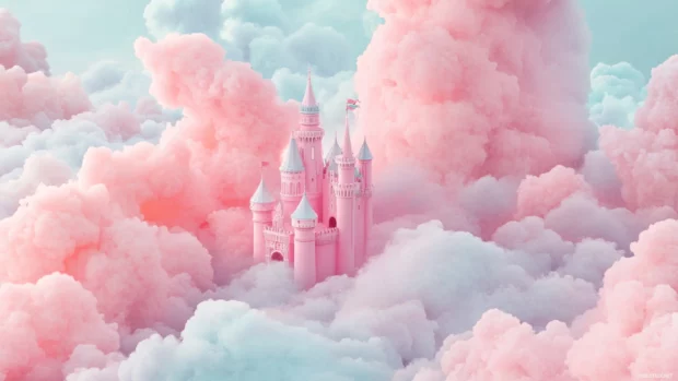 Girly pink castle floating among candy colored clouds.