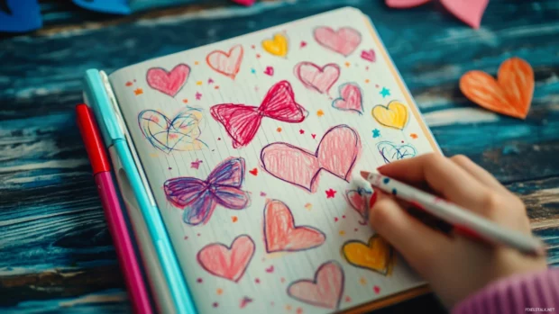 Girly sketchbook filled with doodles of hearts, stars, and bows.