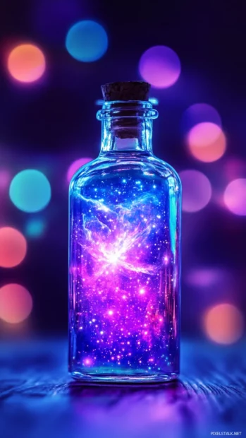 Glass bottle with glowing purple galaxy inside with theme of Neon purple soft lights.