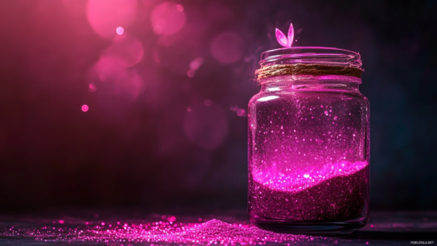 Glass jar with pink fairy dust glowing in a darkened room.