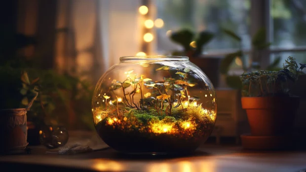 Glass terrarium with moss and fairy lights.