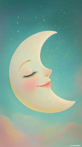 Gleaming girly crescent moon smiling down on a pastel night sky.