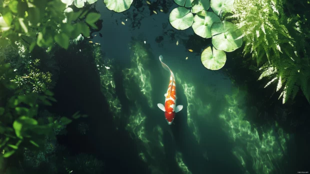 Gliding in a natural pond, serene koi fish are bathed in soft sunlight filtering through water lilies and casting gentle shadows on the pond floor.
