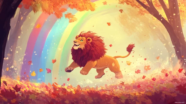 Gliding past rainbow arches, the Brave Lion gathers candy leaves.