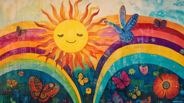 Gliding past rainbow arches, the Smiling Sun sings with birds and butterflies.