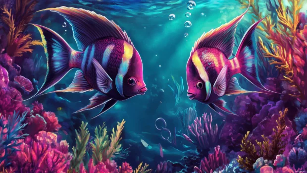 Gliding through a colorful coral reef, a vibrant angelfish displays its elegant fins flowing amidst bright underwater flora.