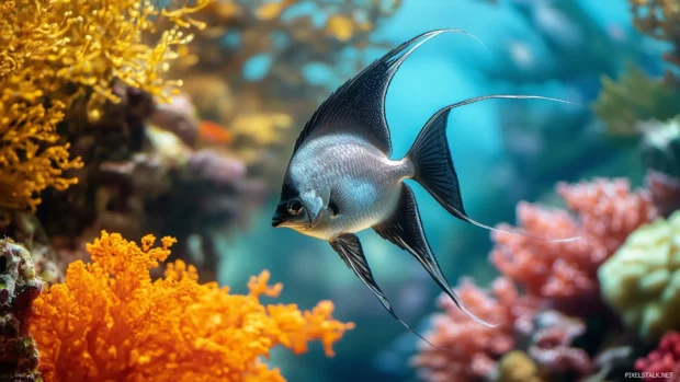 Gliding through clear blue waters, an elegant silver and black angelfish flows gracefully, its long fins surrounded by a vibrant coral reef.