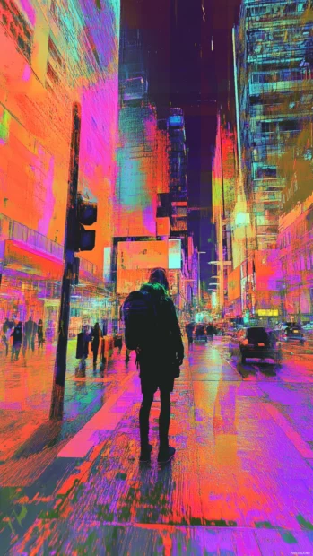 Glitch art cyberpunk street scene, futuristic vibes for smartphone display.