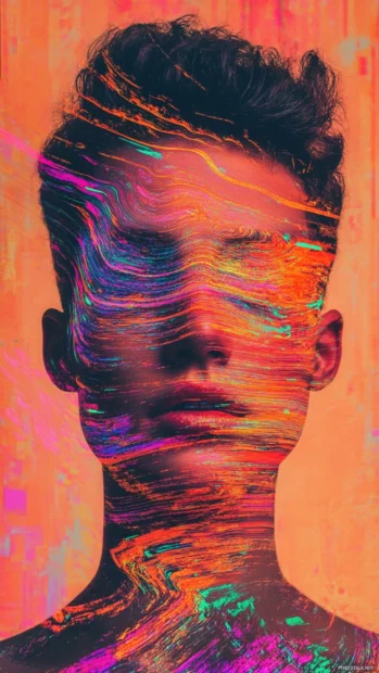 Glitch art portrait melting into cosmic noise in a hypnotic trippy aesthetic frame.