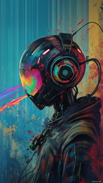 Glitch inspired cool graffiti wallpaper showing robotic DJ blasting color waves.