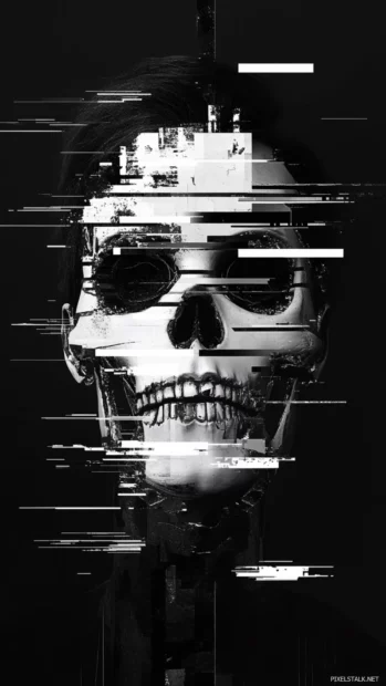 Glitched skull face surrounded by monochrome error tags.