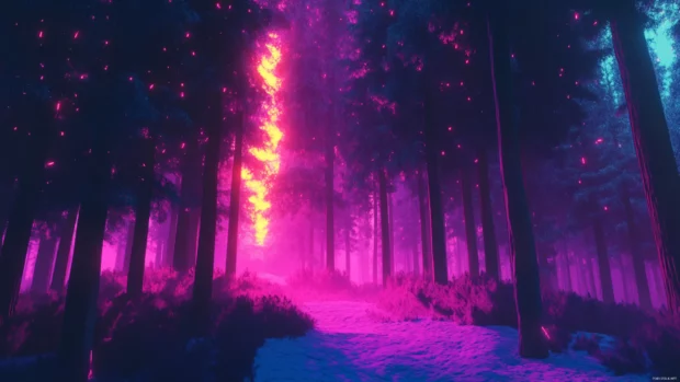 Glitching forest flickering in neon colors.