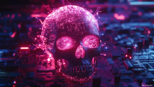 Glitching skull exploding from circuit shards and neon pixels.