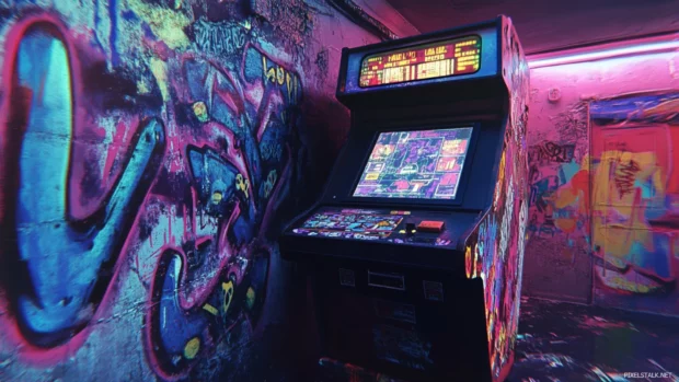 Glitchy arcade cabinet floating over 80s graffiti tags.