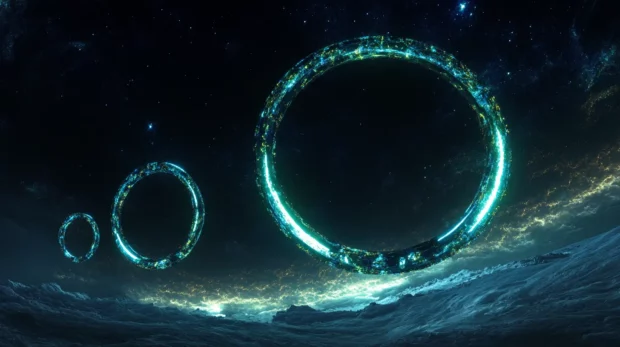 Glitchy neon rings hovering in starless sky, Neon glow on black background.