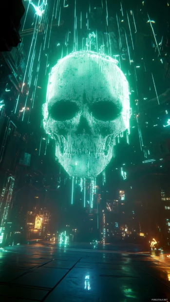 Glitchy neon skull with green and blue layers, cyberpunk digital aesthetic.