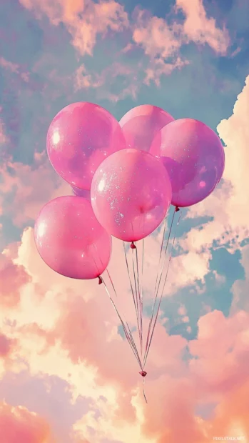 Glittering pink balloons floating into a watercolor sunset sky.
