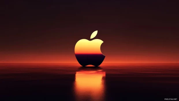 Glossy Apple symbol on gradient sunset colored background, artistic style.
