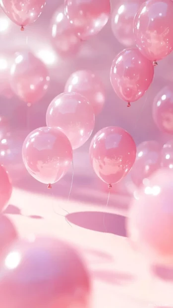 Glossy pink balloons floating against a dreamy soft background.