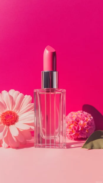Glossy pink lipstick and perfume bottle arranged aesthetically on a vanity table.