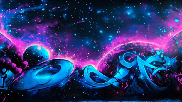Glow in the dark graffiti on a cosmic backdrop, a rebellious and trippy design.