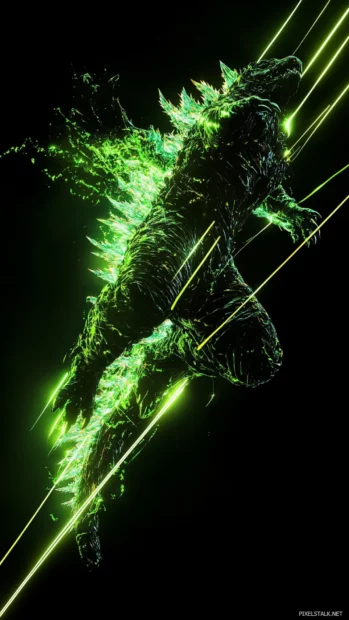 Glow trails burst behind Godzillas claws in gravity defying leap.