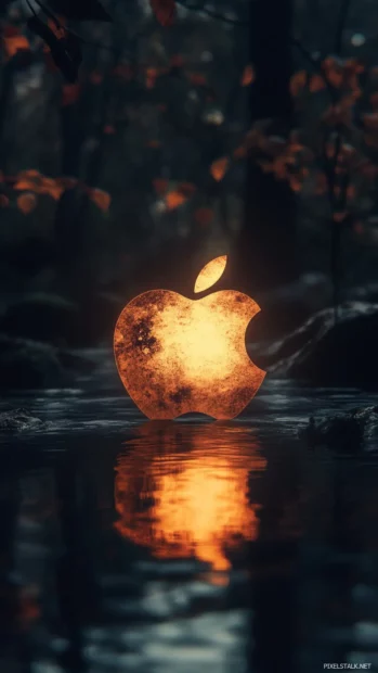 Glowing Apple emblem floating in misty scene.