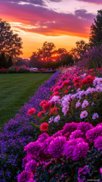 Glowing Pretty Flower garden at twilight.