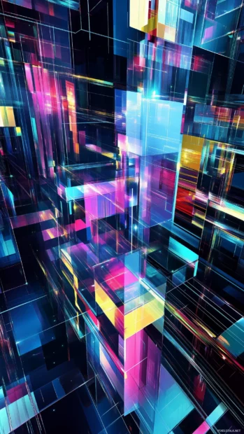 Glowing abstract pattern of geometric neon shapes layered with vivid contrasts.