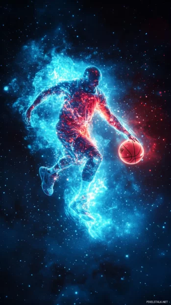 Glowing basketball and player levitating in zero gravity in surreal space.