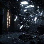 Glowing black neon shards floating through ruins.