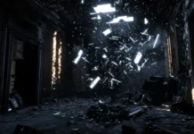 Glowing black neon shards floating through ruins.