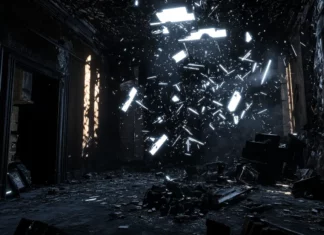 Glowing black neon shards floating through ruins.
