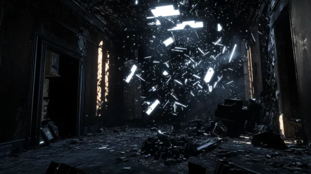 Glowing black neon shards floating through ruins.