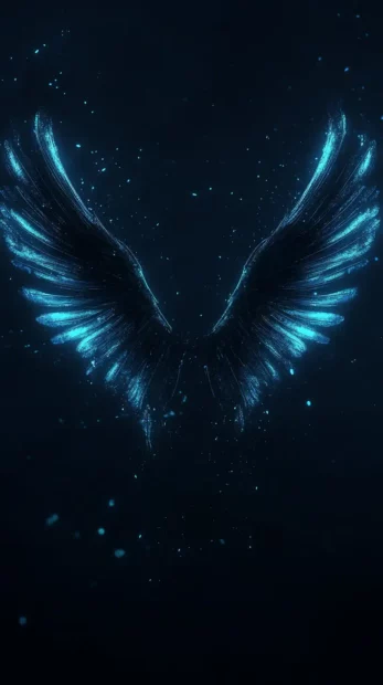 Glowing black neon wings unfolding in night sky.
