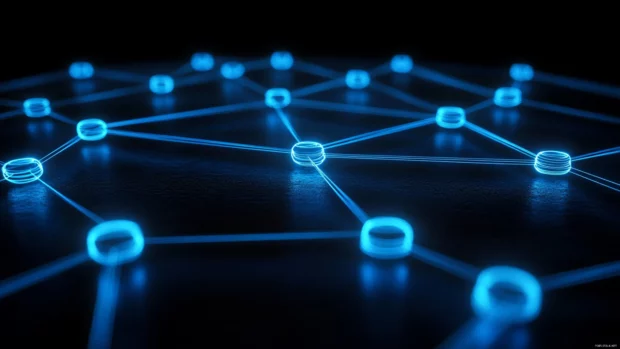 Glowing blue neon shapes, Electric blue neon hexagons connected in dark space.