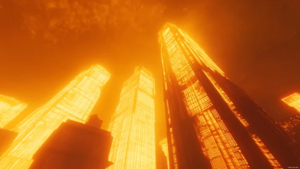 Glowing city towers under an electric sky, a breathtaking cyberpunk wallpaper in 4K perfect for gamers.