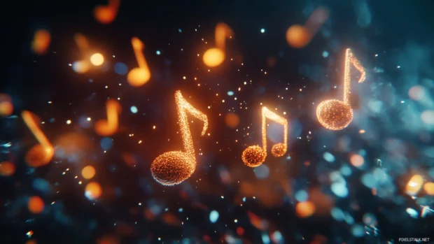 Glowing colorful music notes drift across dark background creating vibrant energy and motion.