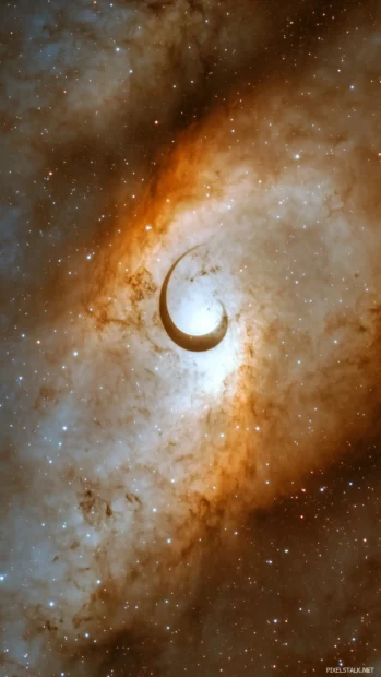 Glowing crescent moon at the center of a mesmerizing galaxy with swirling stars and colorful nebulae.
