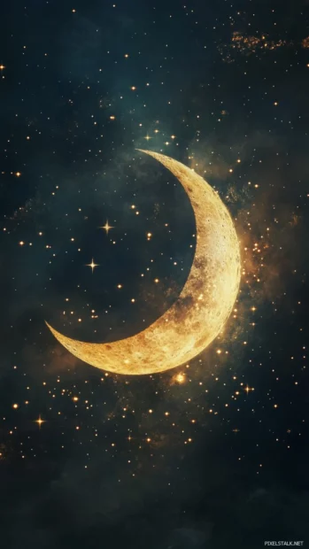 Glowing crescent moon surrounded by twinkling stars.